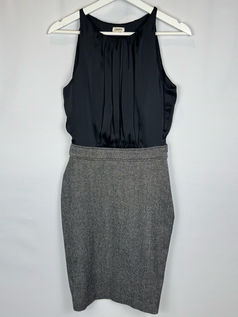 L'AGENCE Mixed Media Sheath Dress Black Satin Top Tweed Pencil Skirt Size 4